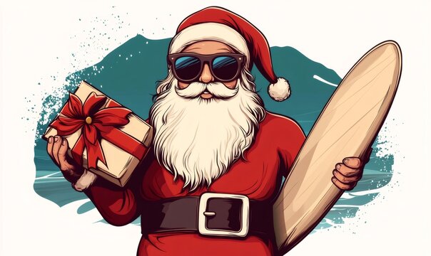 Santa claus wearing sunglasses stands holding a wrapped gift and surfboard with a wave background
