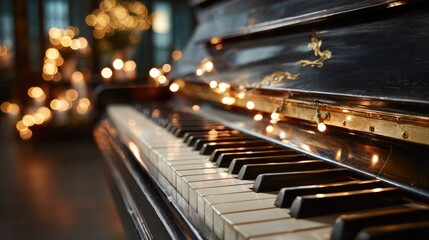 Piano keys with warm festive lights