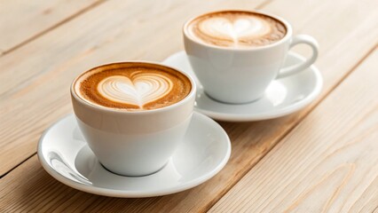 Obraz premium Two cups of cappuccino with heart shaped foam on wooden table