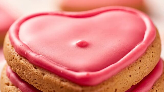 Close up of heart shaped cookies with pink icing