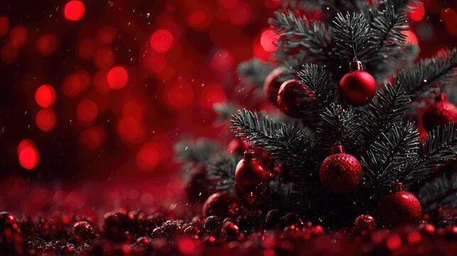 Small Christmas tree decorated with red baubles and sparkling holiday background - Powered by Adobe