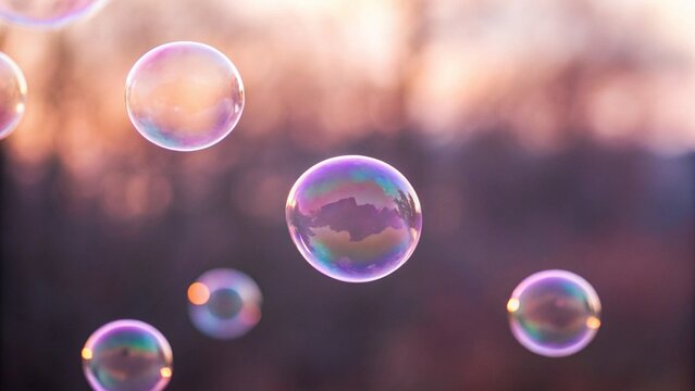 Colorful soap bubbles floating in the air with pink sunset reflection - Powered by Adobe
