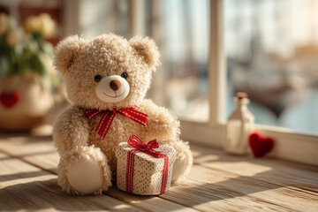 Obraz premium Teddy bear with a small gift on wooden table by the window for Valentine’s Day 