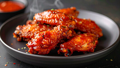 Fototapeta premium Chicken wings coated in spicy sauce, dark smoky backdrop, appetizing and delicious meal. Tasty food