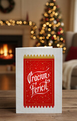 Crăciun Fericit - A Romanian Merry Christmas Greeting Card in A Cozy Holiday Setting with Warm Lights and Fireplace