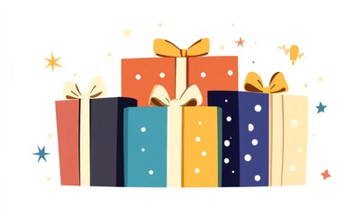 Many wrapped presents with bows and sparkling stars on a white background