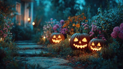 Halloween Pumpkins Glowing on Garden Path at Night