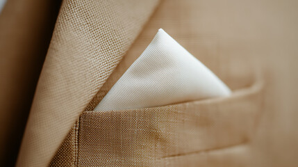 Close-up of a beige blazer with a crisp white pocket square. Texture of the fabric highlighted. A sophisticated detail adding a touch of class to the outfit.