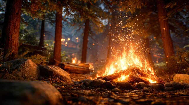 Cozy Campfire in Forest at Night with Glowing Sparks - Powered by Adobe