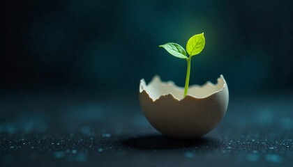 A vibrant green seedling sprouting from a cracked eggshell on a dark, wet surface with soft, glowing light