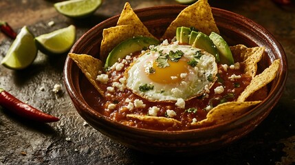 a traditional Mexican breakfast featuring a fried egg served on spicy tomato salsa, with avocado slices, nacho chips, and crumbled cheese
