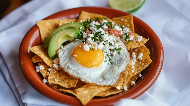 a traditional Mexican breakfast featuring a fried egg served on spicy tomato salsa, with avocado slices, nacho chips, and crumbled cheese