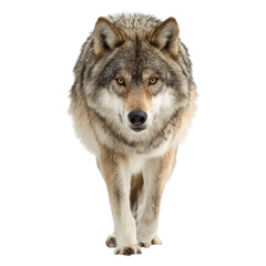 Fototapeta premium A majestic gray wolf with beautiful fur walks directly forward, staring intensely at the viewer on a clean, plain background. background removed