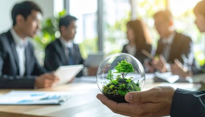 Sustainability concept with business team discussing environmental strategy and holding a glass globe terrarium symbolizing green future solutions