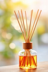 Amber glass reed diffuser with warm lights background