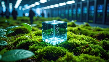 Sustainable data center innovation symbolized by glowing digital cube among green moss blending nature with technology for eco computing future