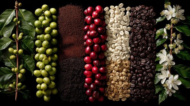 The life cycle of coffee beans from flower to roasted bean.