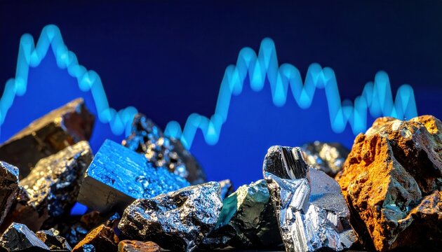 Shiny mineral rocks under blue graph line symbolizing commodities market growth and investment trends in raw materials and global mining industry