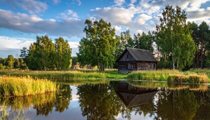 Obraz premium Rustic house by summer pond, still water reflection. Countryside tranquility, natural landscape, greenery, rural life, remote farm, calm peaceful holiday, wooden home, simple retreat, dusk.