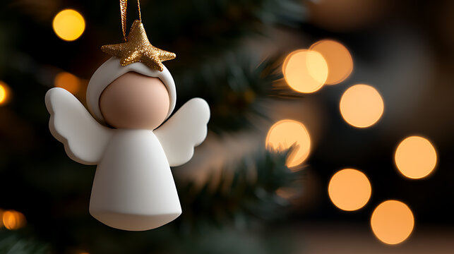 Angel ornament on Christmas tree with blurred bokeh lights. Festive, handcrafted, seasonal decor evokes holiday spirit. Gold star adds magical touch. Symbol of peace & joy.
