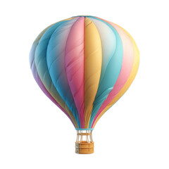 A vibrant hot air balloon with colorful pastel stripes and a wicker basket, ready for an adventurous journey. Isolated. background removed