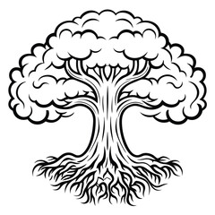 Stylized black tree illustration showing dense branches with intricate root system on the plain white background