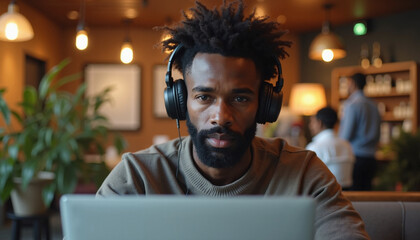 Focused man with headphones using laptop in cafe. Headphones user working on laptop in coffee shop surrounded by ambient light and background people.