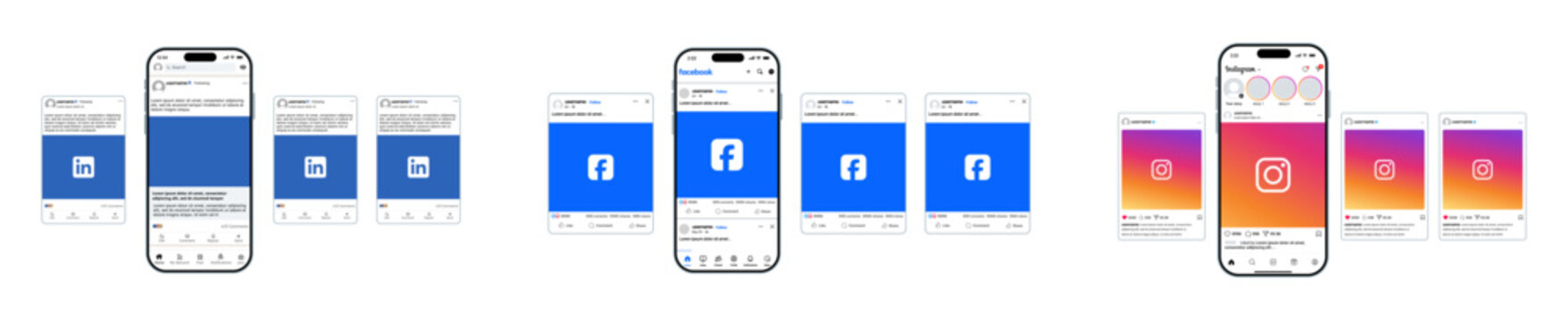 LinkedIn Facebook and Instagram post mockup with feed layout, image and text templates, reactions, comments, share buttons, and modern social media design vector illustration