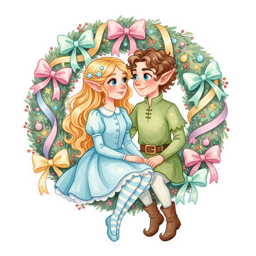Cute fantasy elf couple sitting together inside a pastel Christmas wreath decorated with ribbons, bows, and ornaments, wearing light blue and green outfits, whimsical festive illustration
