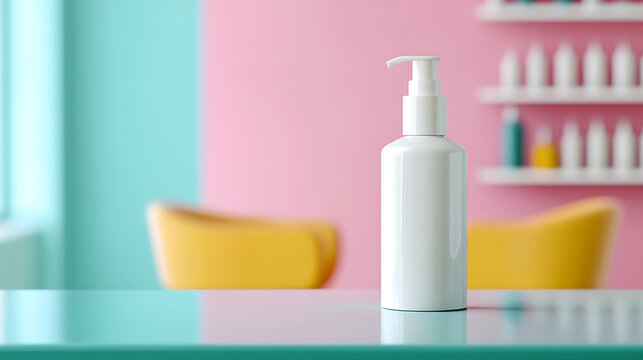A pristine white pump bottle stands on a teal surface, with pastel pink and teal walls. Shelves in the background display similar bottles. A yellow chair adds a vibrant pop to the scene.