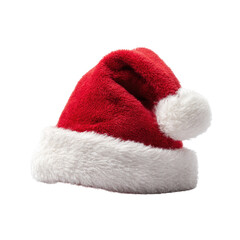Red Santa hat, white fur trim, fluffy pompom. Symbolizes Christmas, holidays, winter, and festive cheer. A great isolated design element. background removed