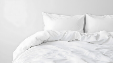 Clean white sheets and pillows create a serene, minimalist bedroom scene, conveying comfort and relaxation, perfect for a peaceful night's sleep in a modern style.