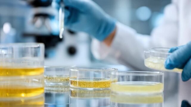 Scientist in lab coat carefully extracts cellulase enzymes from fungal cultures using sterile techniques in a modern industrial biotechnology facility.