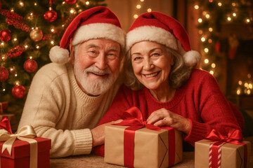 Warm and joyful portrait of a senior couple wearing Santa hats and cozy sweaters, sitting together at home surrounded by Christmas presents and a glowing festive tree.