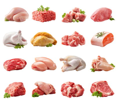 Assorted raw meats arranged in a grid pattern.  Various cuts of poultry and beef are displayed, including chicken breasts, ground meat, pork, and fish. Fresh herbs are present on some cuts