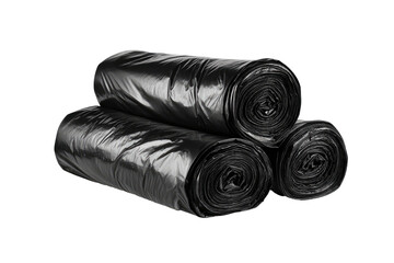 Rolled black trash bags stacked