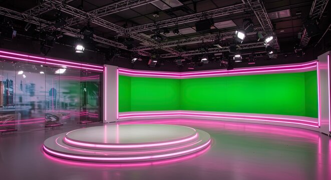 Modern TV Studio with Green Screen and Pink Lighting neon stage broadcast production television media chroma key set lights equipment