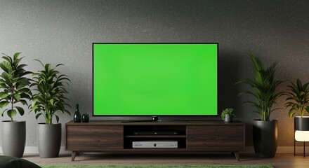 Living Room with Green Screen TV television interior home decor plants furniture modern contemporary console media center indoor