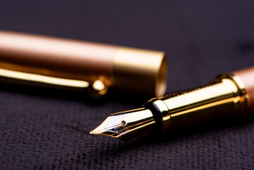 Fototapeta premium Fountain pen, beautiful details of a fountain pen on a black surface, low key photo, selective focus.