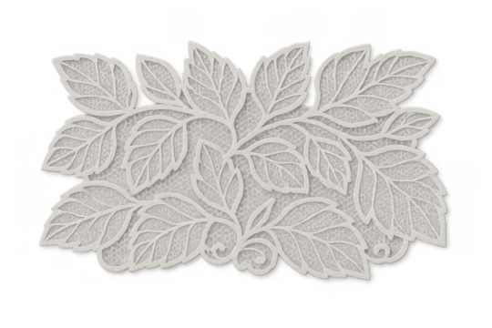White decorative lace applique design with delicate floral and leaf pattern, transparent background