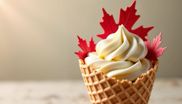 Vanilla ice cream cone decorated with red maple leaves, festive dessert for Canada Day celebration, warm natural light, national holiday concept, with space to copy