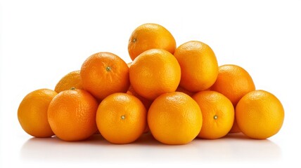 Fresh oranges stacked in pyramid against white background. Bright orange tones with natural texture enhanced by lighting. Clean, minimalistic composition. Neural network AI generated