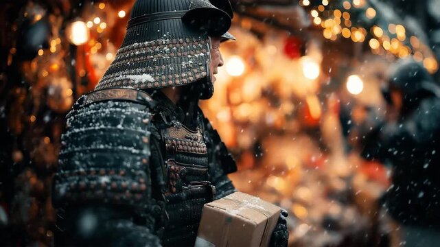 日本人高齢男性が雪の市場で侍甲冑姿で荷物を持つ