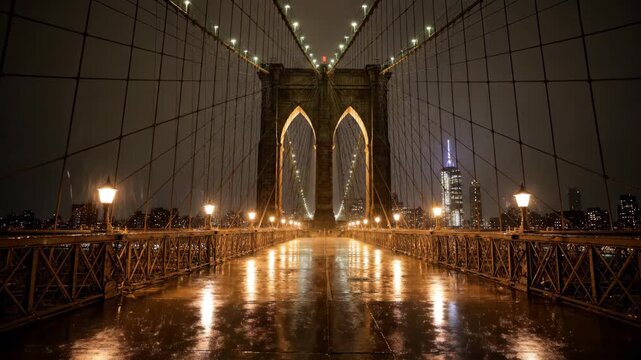 Suspension bridge illuminated at night reflections on wet surface