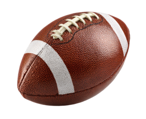 Close-up of a brown American football.  Stitched leather cover, prominent white laces and lines.  3D rendered image, isolated