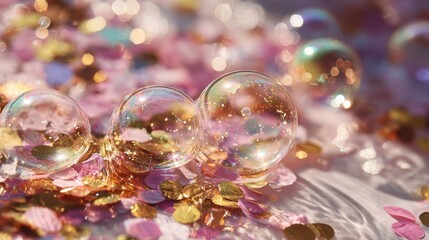 Fototapeta premium Celebration with colorful confetti and bubbles in bright light