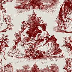 Traditional European Christmas scenes with pretty young ladies. Seamless vector pattern. Vintage engraving or ink drawing style vector illustration.