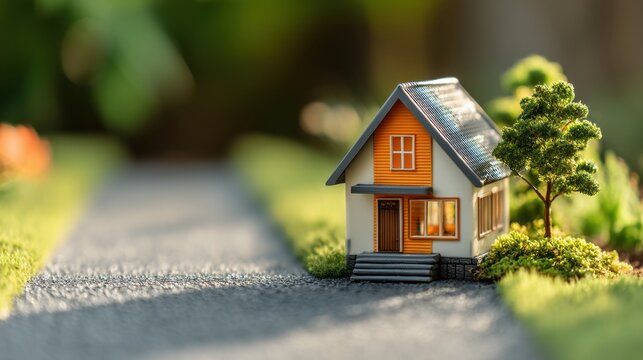 Miniature house model positioned on a gravel path surrounded by lush greenery and vibrant flowers, ideal for themes of real estate and homeownership