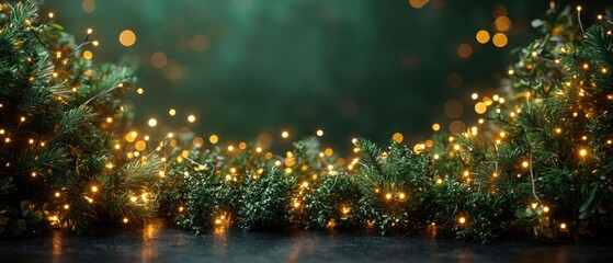 Glowing Christmas Lights Garland with Sparkling Bokeh on Dark Background