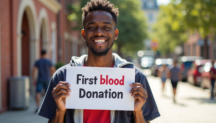 Young African American man holding sign for first blood donation, showing smile.